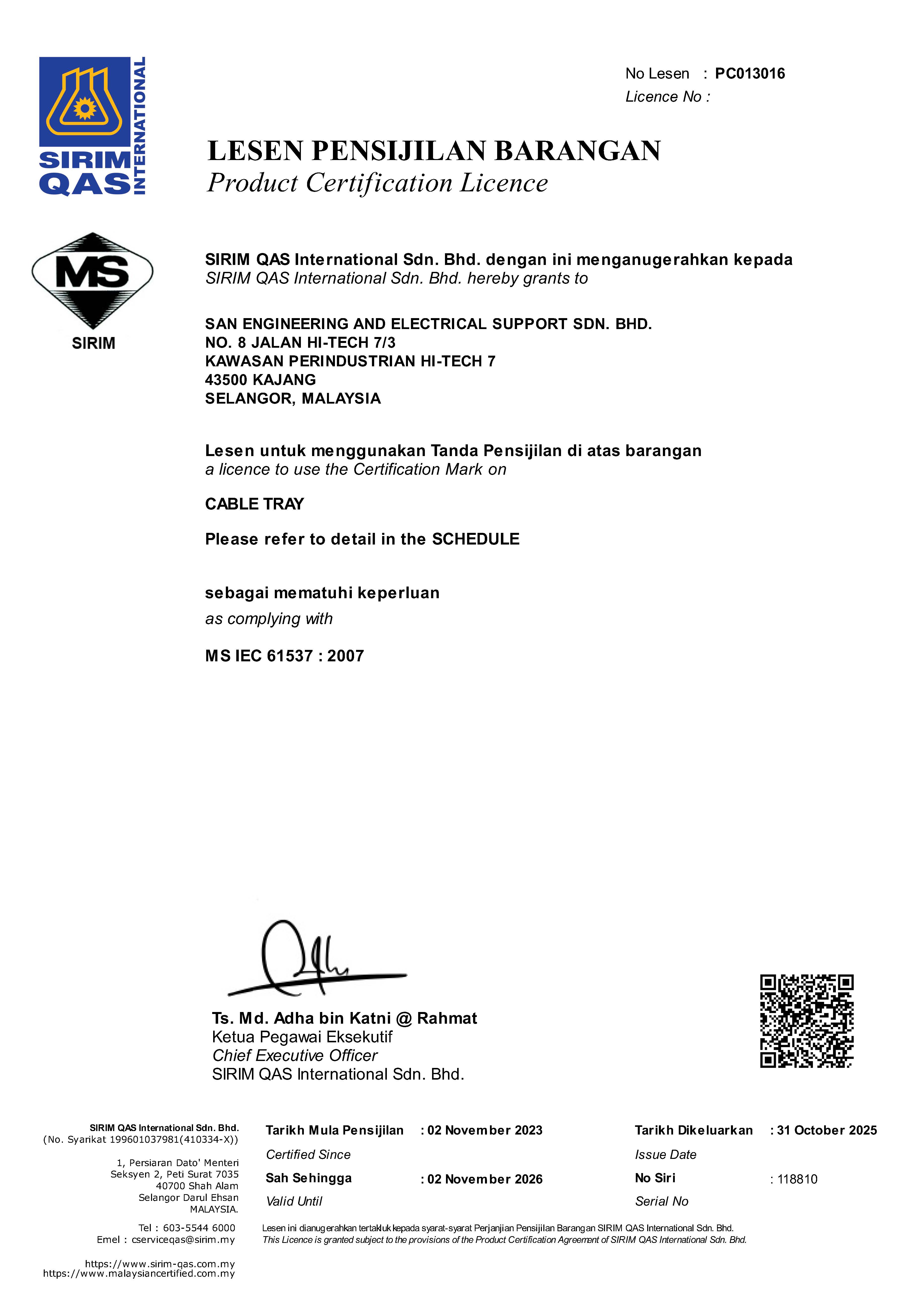San Engg certificate — SIRIM CableTray Nov2023